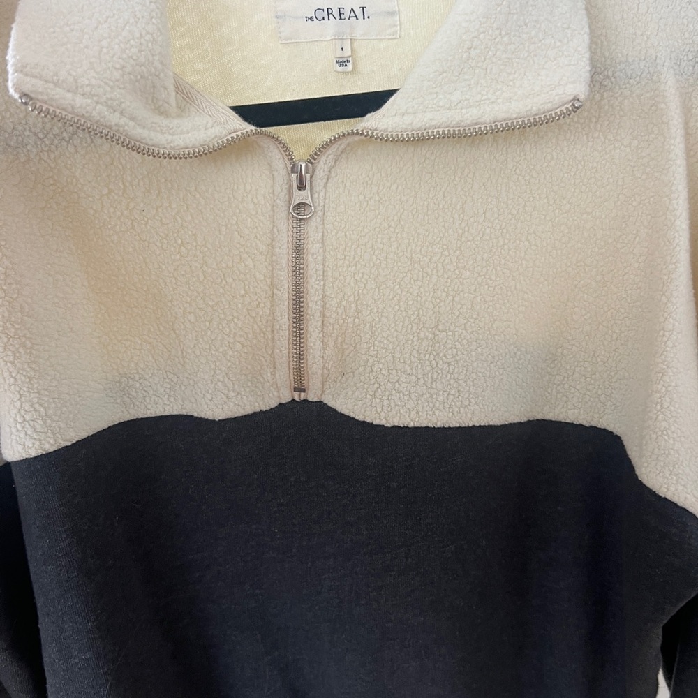 THE GREAT. Black and Cream Sweatshirt with Half-Zip Design